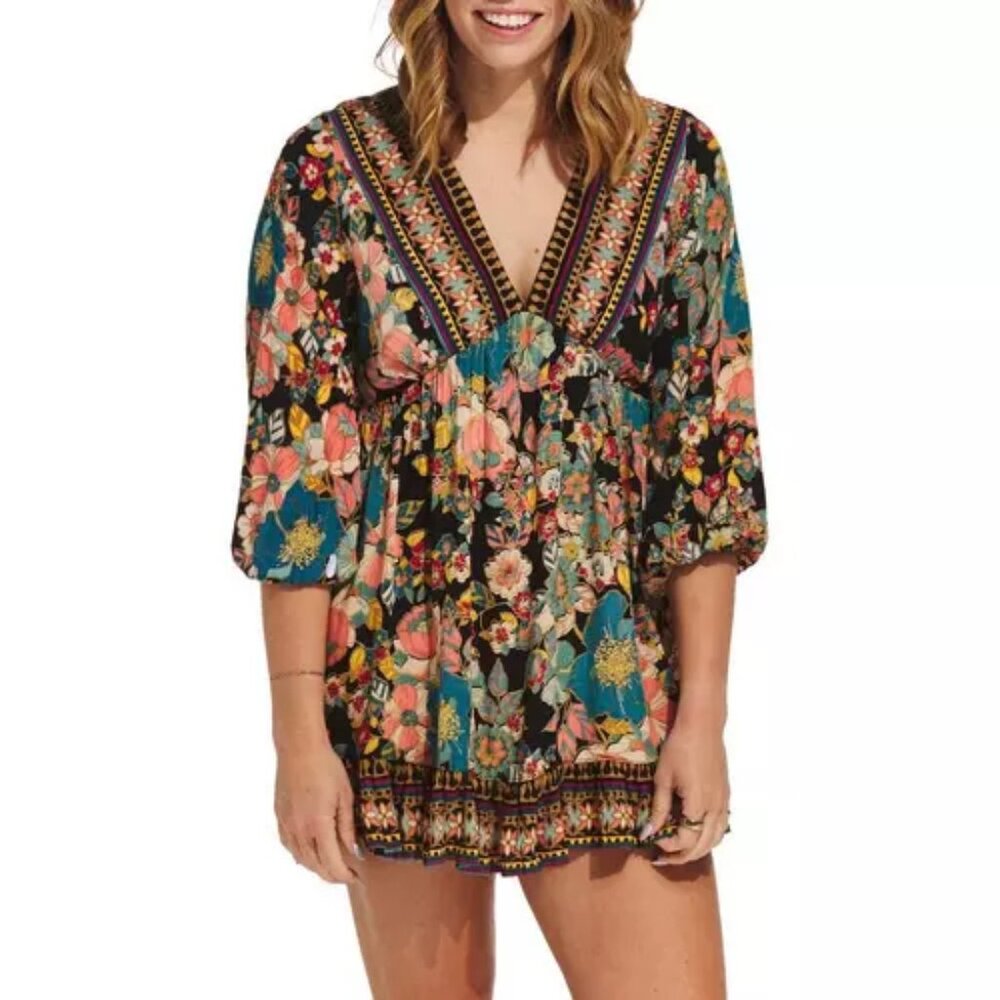 Angie Boho Paisley Babydoll Mini Dress Tunic Top V neck balloon sleeve - MED